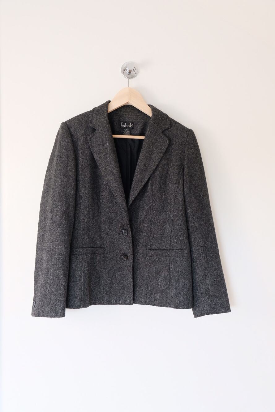 Rafaella Wool Cashmere Blend Blazer Sz 8 Grey Herringbone Tweed Academia Preppy
